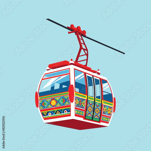 A colorful cable car is suspended from a red support structure.