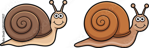 Cute cartoon snail vector set with smiling characters, colorful spiral shells, adorable animal illustrations perfect for kids designs, educational materials, stickers, and playful graphics.