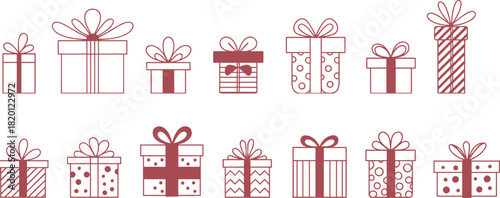 Gift box vector set featuring various present shapes with bows and ribbons, perfect for holiday designs, celebrations, packaging illustrations, party graphics, and festive decor.