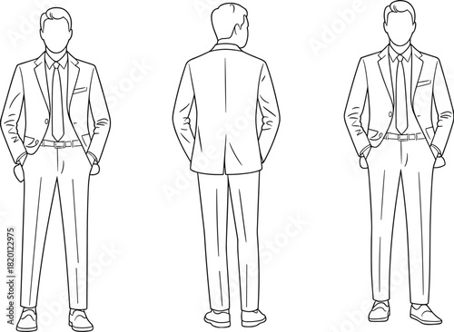 Formal suit male figure line art set — front, back, and angled views for fashion design, tailoring reference, menswear illustration, and garment detailing.