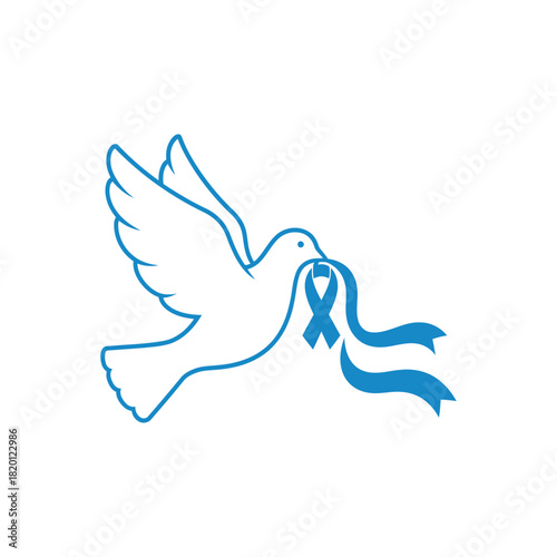 A white dove in flight carries a blue ribbon in its beak.