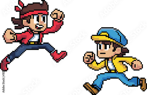Pixel art characters in dynamic jump pose — retro video game style with expressive outfits, action stance, and nostalgic arcade-inspired design.