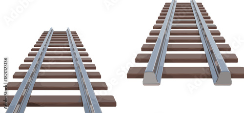 Railroad track vector set showing realistic wooden sleepers and steel rails in perspective views, perfect for transportation graphics, construction illustrations, mapping, and industrial design.