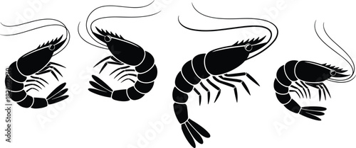 Black shrimp silhouette vector set featuring multiple prawn poses, seafood illustration elements, perfect for fishing designs, culinary graphics, marine themes, and restaurant branding.