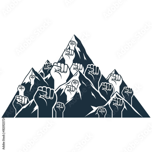 A mountain silhouette incorporates raised fists symbolizing unity and strength.