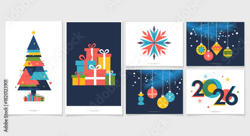 Vibrant holiday season and new year 2026 illustration set featuring a modern christmas tree, wrapped presents, decorative snowflake, and hanging baubles