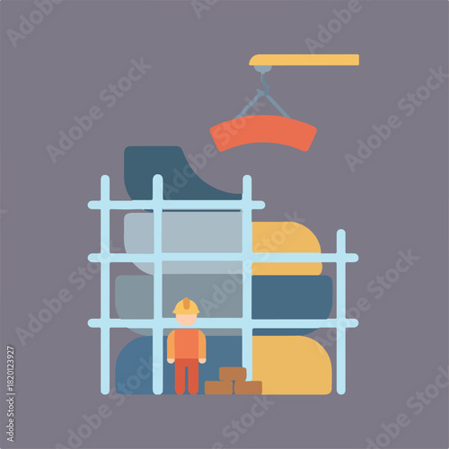A cartoon image shows a construction worker on a building site, with a crane lifting a section of the building.