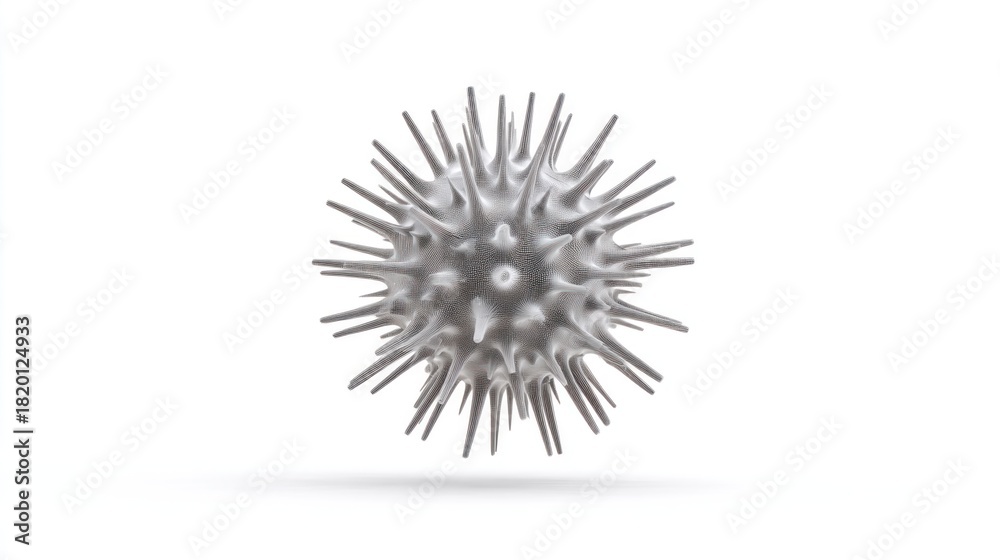 Obraz premium A close-up of a gray, spiky sphere floating against a clean white background, appearing biological or microscopic in nature