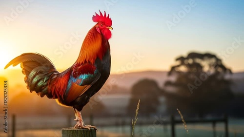 Majestic rooster crowing at sunrise on a fence post in a rural countryside setting