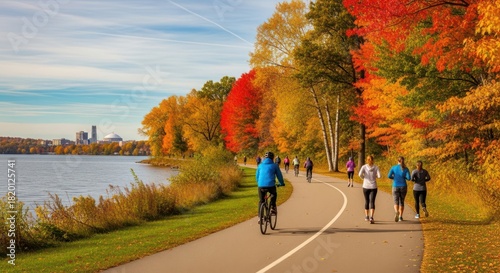Active Lifestyle on a Beautiful Autumn Day: People Enjoying Outdoors Near Lakeside