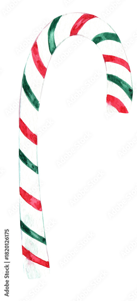 Obraz premium Candy cane watercolor illustration, Christmas and New Year sweets, caramel, lolly, lollypop, traditional dessert, decoration, winter holidays, kids treats, 600 dpi PNG , isolated image