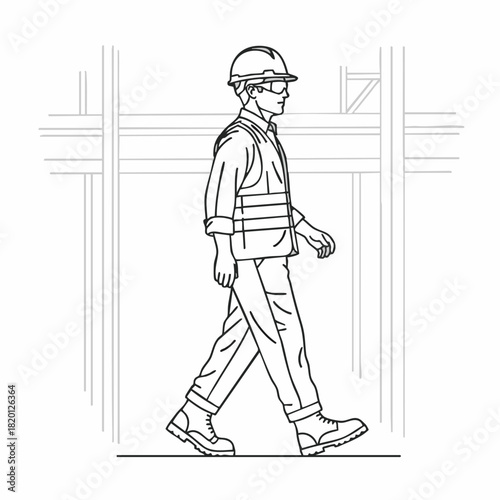 An illustration depicts a construction worker wearing safety gear walking confidently through a building site, emphasizing workplace safety.
