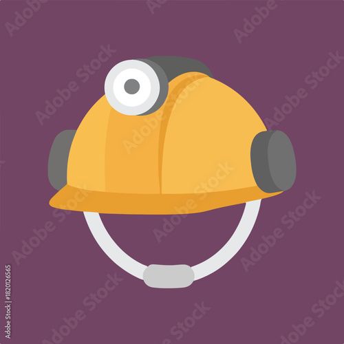 A digital illustration of a yellow mining hard hat with a white chin strap and a light on top, presented against a purple background.