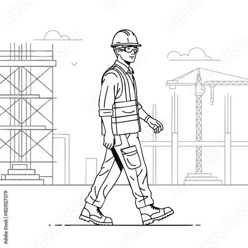 An illustration depicts a construction worker walking on a site wearing a safety helmet and vest, with building infrastructure in the background.