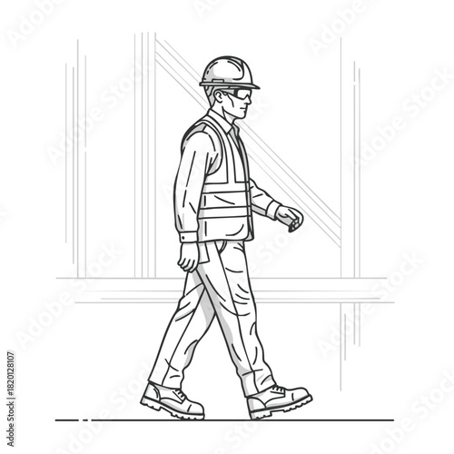 An illustration depicts a construction worker wearing a hard hat, safety vest, and protective eyewear walking on a construction site.