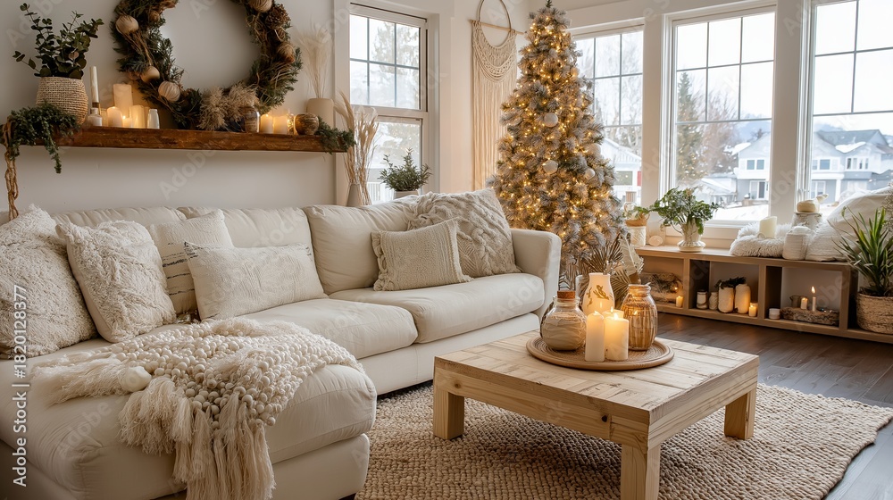 Obraz premium Christmas interior with a decorated tree, candles and neutral living room furniture creating a warm seasonal home setting. Holiday home decor with natural textures and modern styling shown