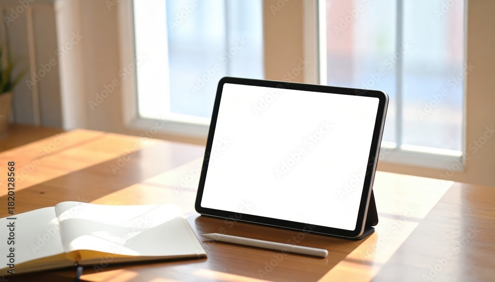 Fototapeta premium Modern tablet with blank screen on stand, paired with stylus and open notebook. Sunlight streaming through windows adds a bright, creative workspace vibe.
