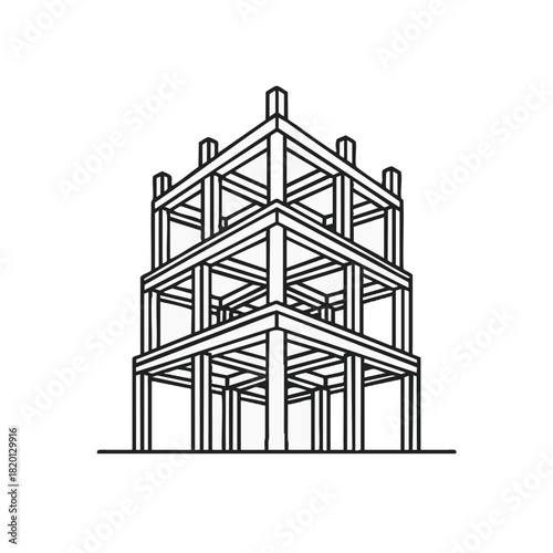 A minimalist black and white illustration of a building frame, showcasing architectural design and structural elements against a clean white backdrop.
