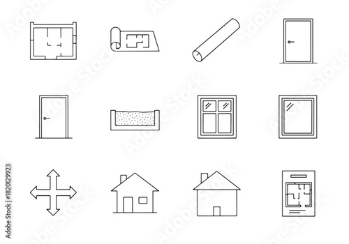 Architectural Blueprint Icons. Functional Layouts linear icon set: floor grid, blueprint, door, wall section, window, arrows, room icons, plan sheet.