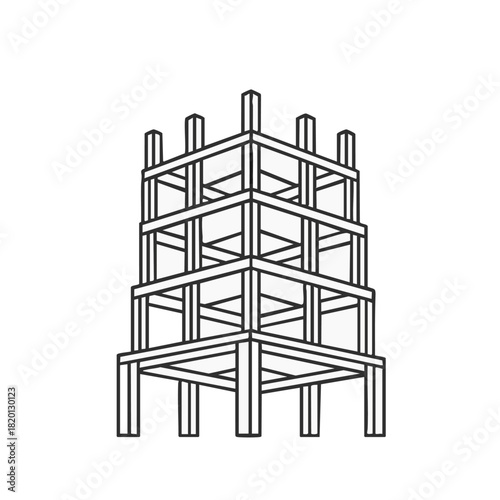 A minimalist architectural illustration showcases the structural framework of a building, emphasizing geometric design and construction elements in a modern style.