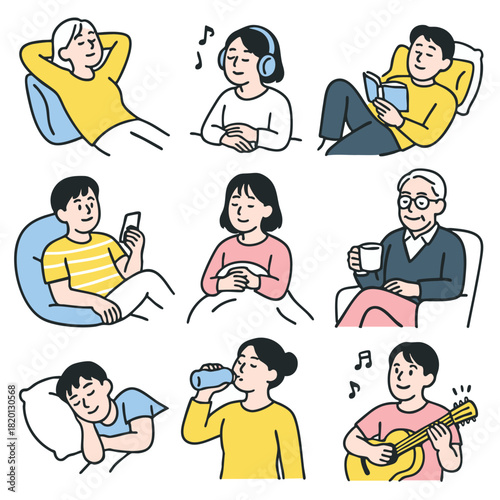 Relaxed elderly woman, young woman with headphones, man reading, people enjoying leisure