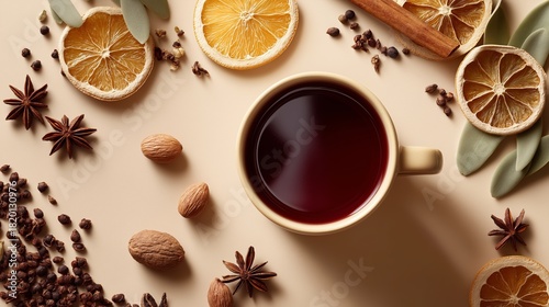 Fototapeta Naklejka Na Ścianę i Meble -  Mulled wine ingredients arranged around a cup of hot spiced drink form a strong culinary winter food content and seasonal marketing. Aromatic spices, and holiday cooking
