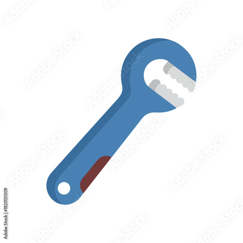 A blue monkey wrench is shown in a minimalist, graphic illustration, angled on a white background with a brown accent on the handle.