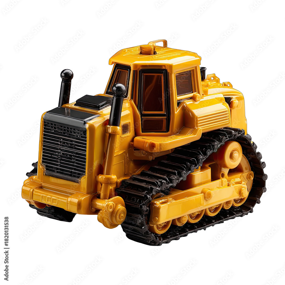 Fototapeta premium Yellow toy bulldozer with black treads on dark background