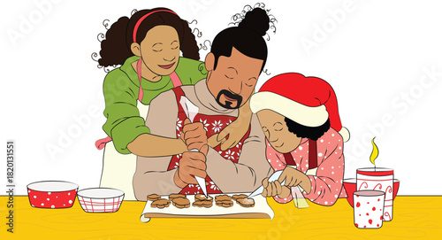 Father and Two Daughters Making Christmas Biscuits Together Vector Illustration