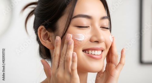 Woman Applying Skincare Cream, Smiling with Eyes Closed, Promoting Skincare and Beauty