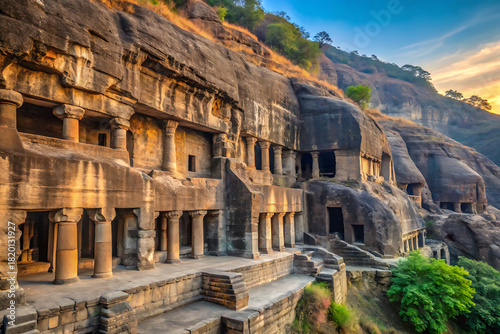 Ajanta Caves rock-cut openings, smooth textured gradient, minimalist cave silhouette