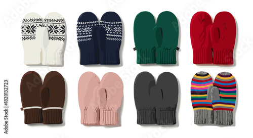 Various pairs of warm winter mittens with different patterns