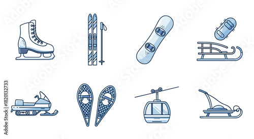 Winter sports and recreation equipment icons set