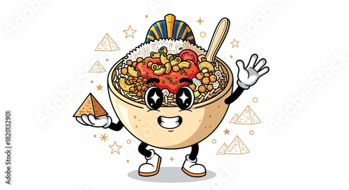 Cartoon Koshary bowl character dressed as an Egyptian pharaoh.