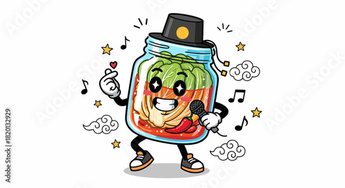 Cartoon Kimchi Jar Character Singing with Microphone and Wearing Hat.