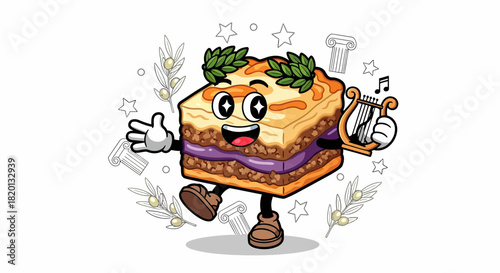 Cartoon Moussaka Character Playing Lyre with Laurel Wreath.