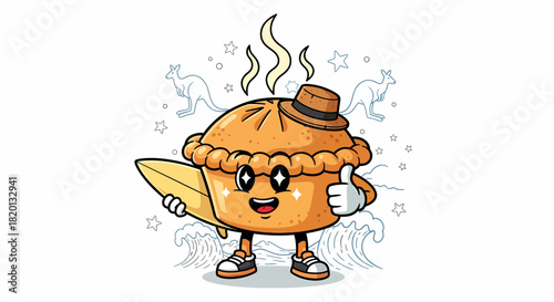 Cartoon Pie Surfer with Hat and Surfboard.