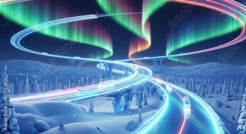 Enchanting aurora borealis illuminating a futuristic highway through a winter wonderland landscape