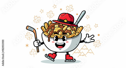 Cartoon Poutine Character with Hockey Stick and Skates.