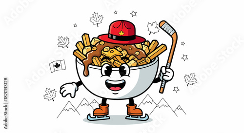 Cartoon Poutine Character with Hockey Stick and Canadian Elements.
