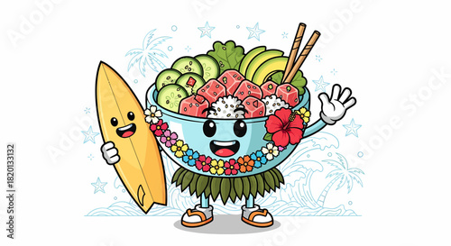 Cartoon Poke Bowl Character with Surfboard and Hula Skirt.