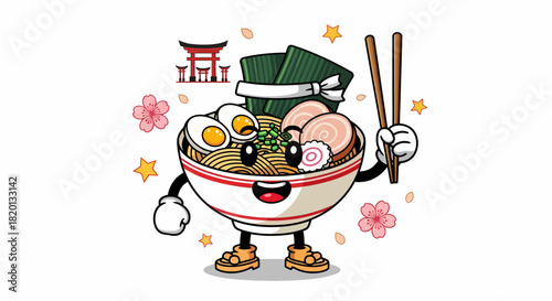 Cartoon Ramen Bowl Character with Chopsticks and Japanese Elements.