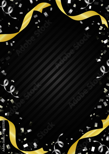 黒と金のリボンと紙吹雪の高級感フレーム背景 | ベクター素材 縦 バナー ポスター カード