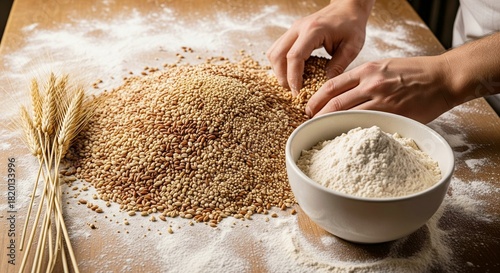 Hands gently sifting a pile of raw grains on a flour-dusted wooden table, alongside a bowl of flour and wheat stalks, symbolizing natural baking ingredients.
