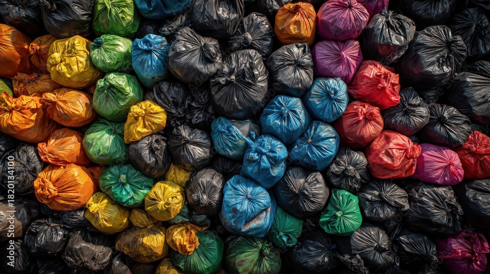 Naklejka premium Colorful Collection of Plastic Bags Stacked in Neat Rows Showing Vibrant Patterns and Textures