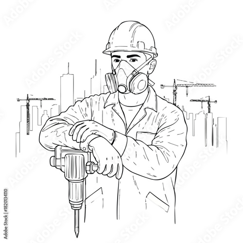 A focused construction worker, fully equipped with a hard hat, respirator mask, and gloves, pauses with a jackhammer at an active urban construction site.