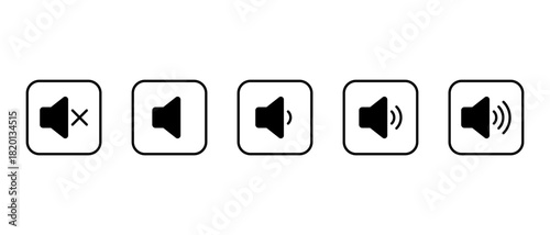 Speaker volume icon in square outline. Sound and audio level symbol. Mute and loud speaker sign