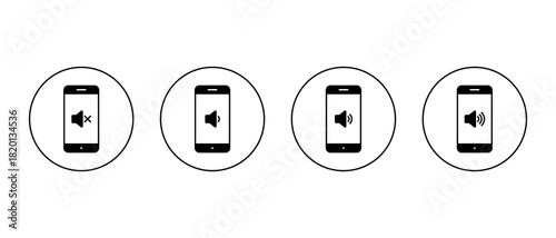 Mobile phone volume icon set in circular outline. Smartphone sound speaker level symbol