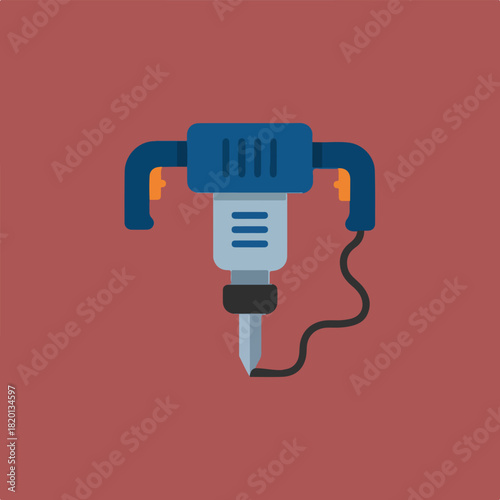 The illustration shows a blue and gray jackhammer with a black power cord over a muted red background.
