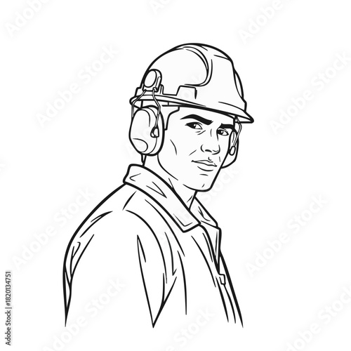 A confident male worker, depicted in a black and white line art illustration, wears a hard hat and ear protection, embodying safety and professionalism.